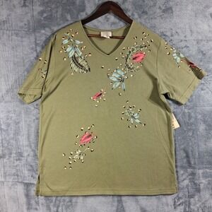Teddi Top Womens M Olive Green Ribbed V Neck Leaf Print Sequin Short Sleeve NWT